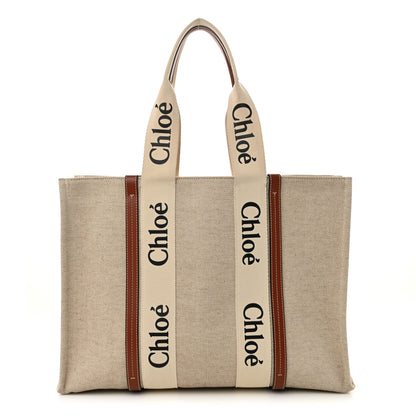 Chloe Cotton Calfskin Large Woody Ribbon Tote White Brown 1 of 12