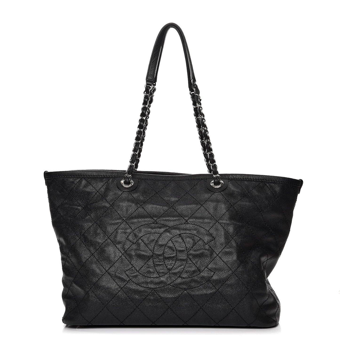 Grained Calfskin Quilted Large Daily Shopping Tote Black
