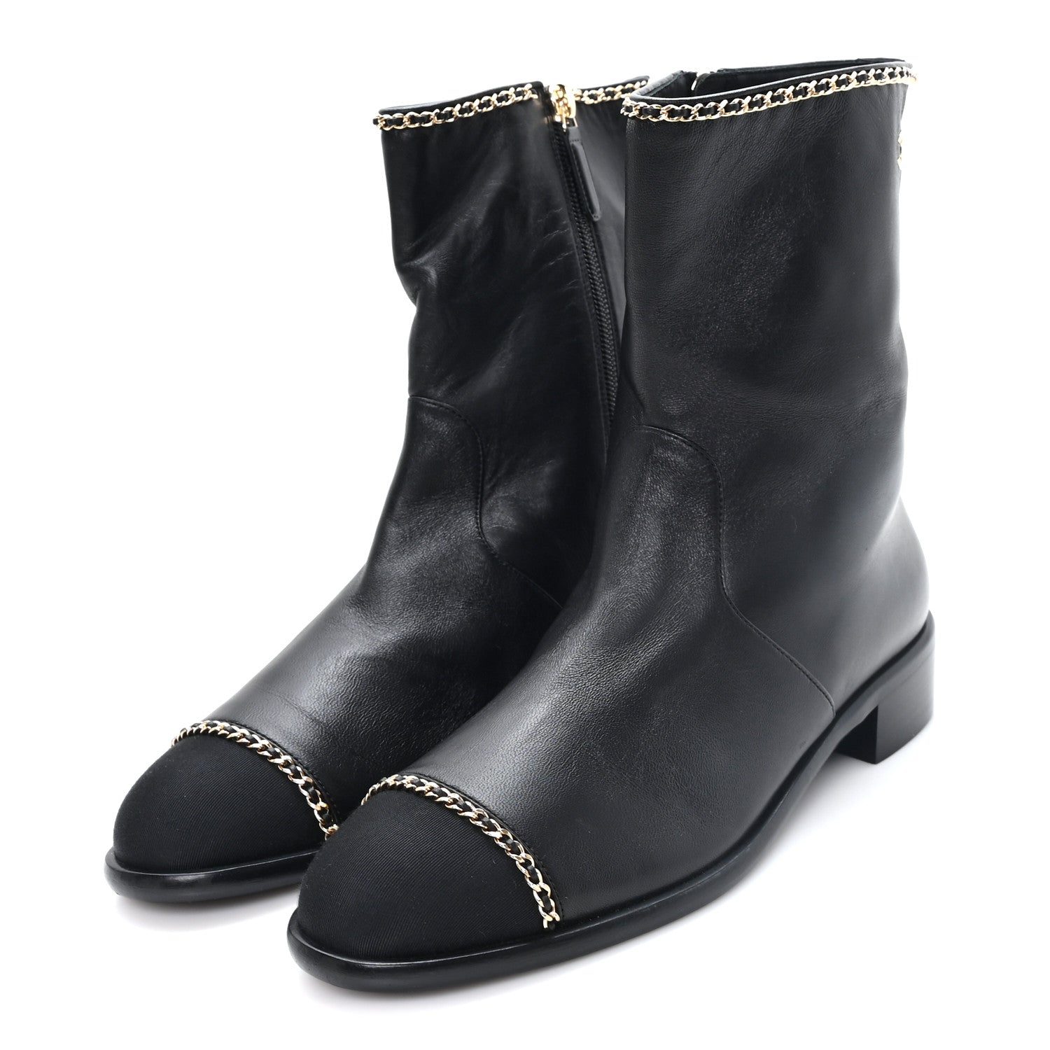 Chanel Lambskin Grosgrain Cap Toe Chain Short Boots 38 Black 4 of 9
