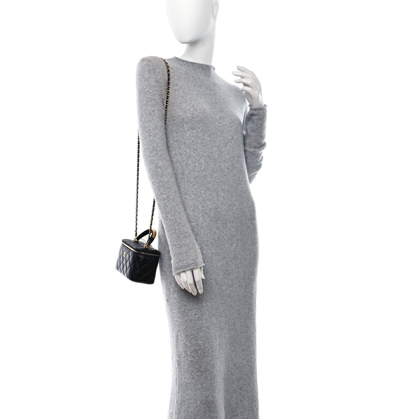 Lambskin Quilted Metal Small Top Handle Vanity Case With Chain Black