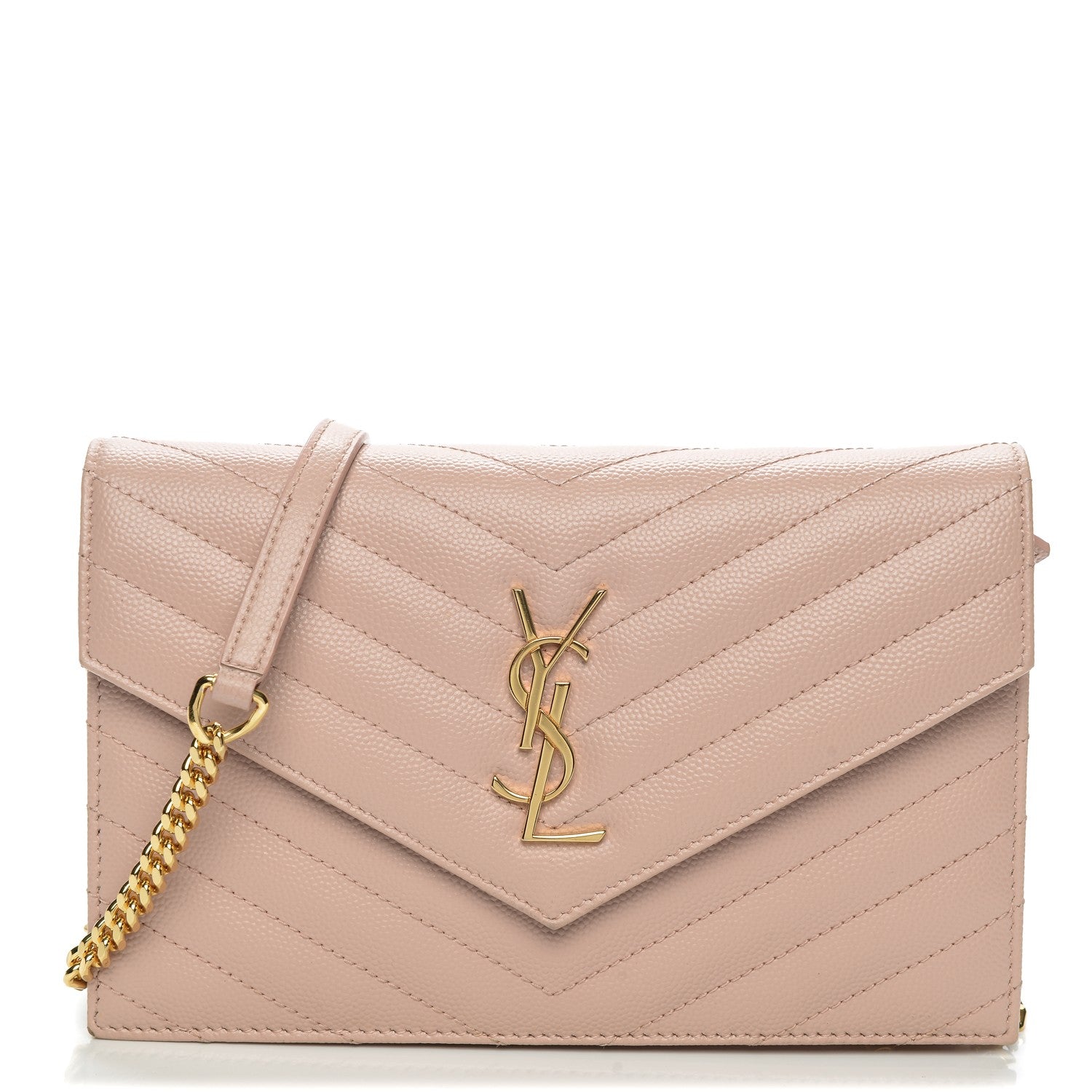 Saint Laurent Grain De Poudre Matelasse Chevron Monogram Envelope Chain Wallet Pale Pink 1 of 11