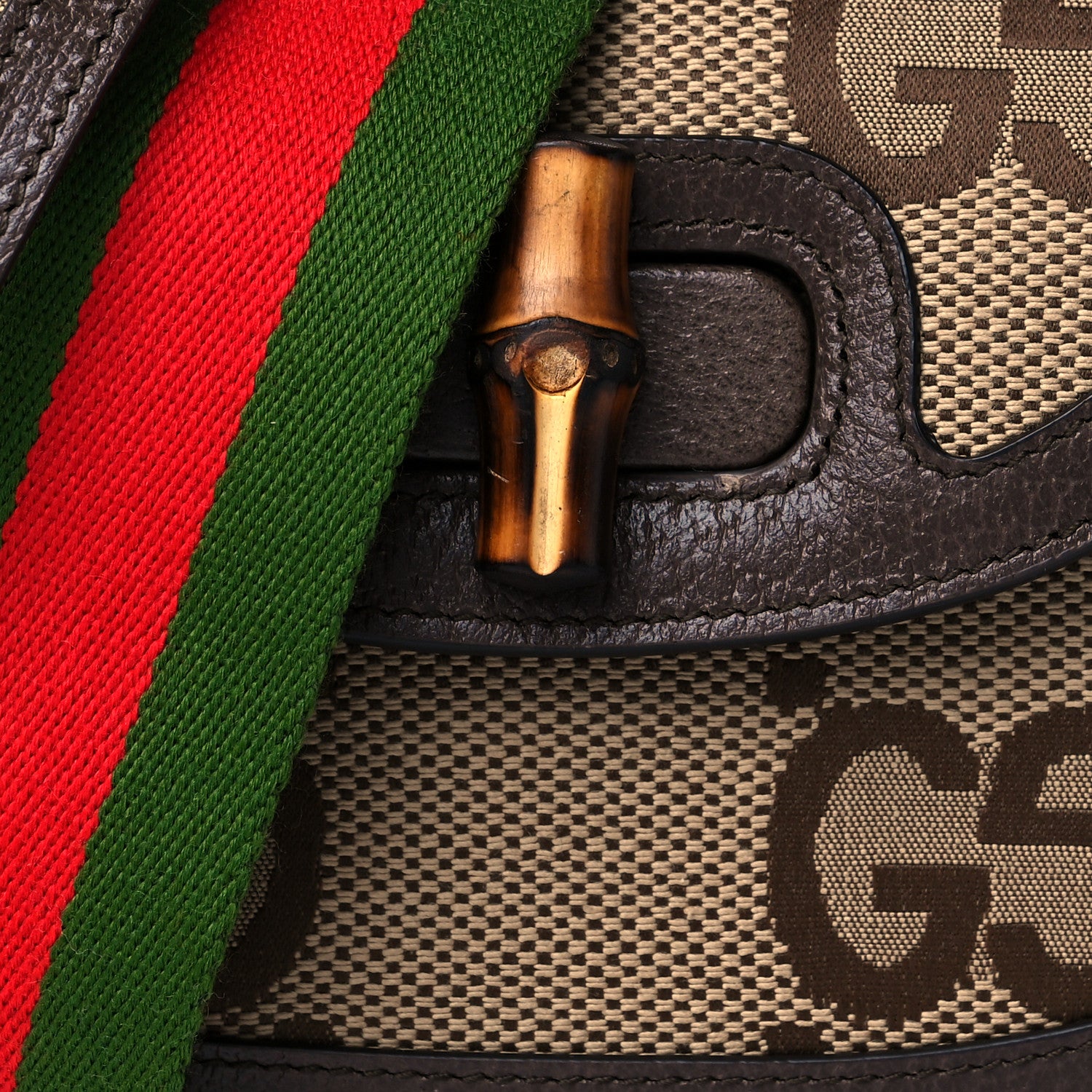 Gucci Monogram Jumbo GG Textured Dollar Calfskin Web Mini Bamboo 1947 Top Handle Bag Camel Ebony New Acero 8 of 12