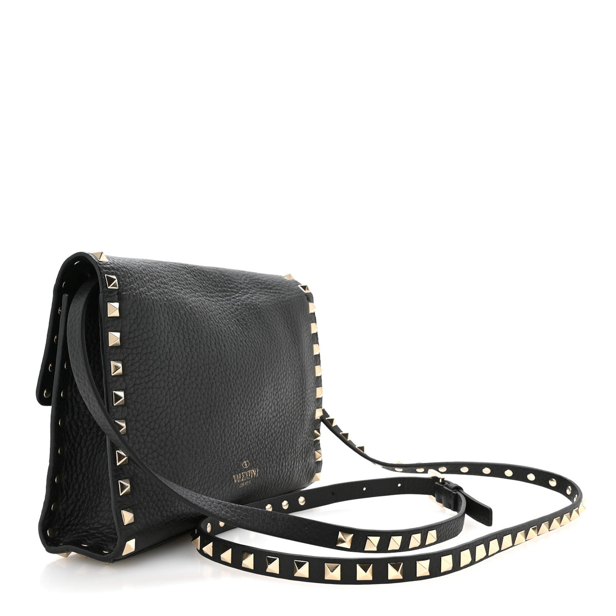 Pebbled Calfskin Medium Rockstud Flip Lock Crossbody Bag Black