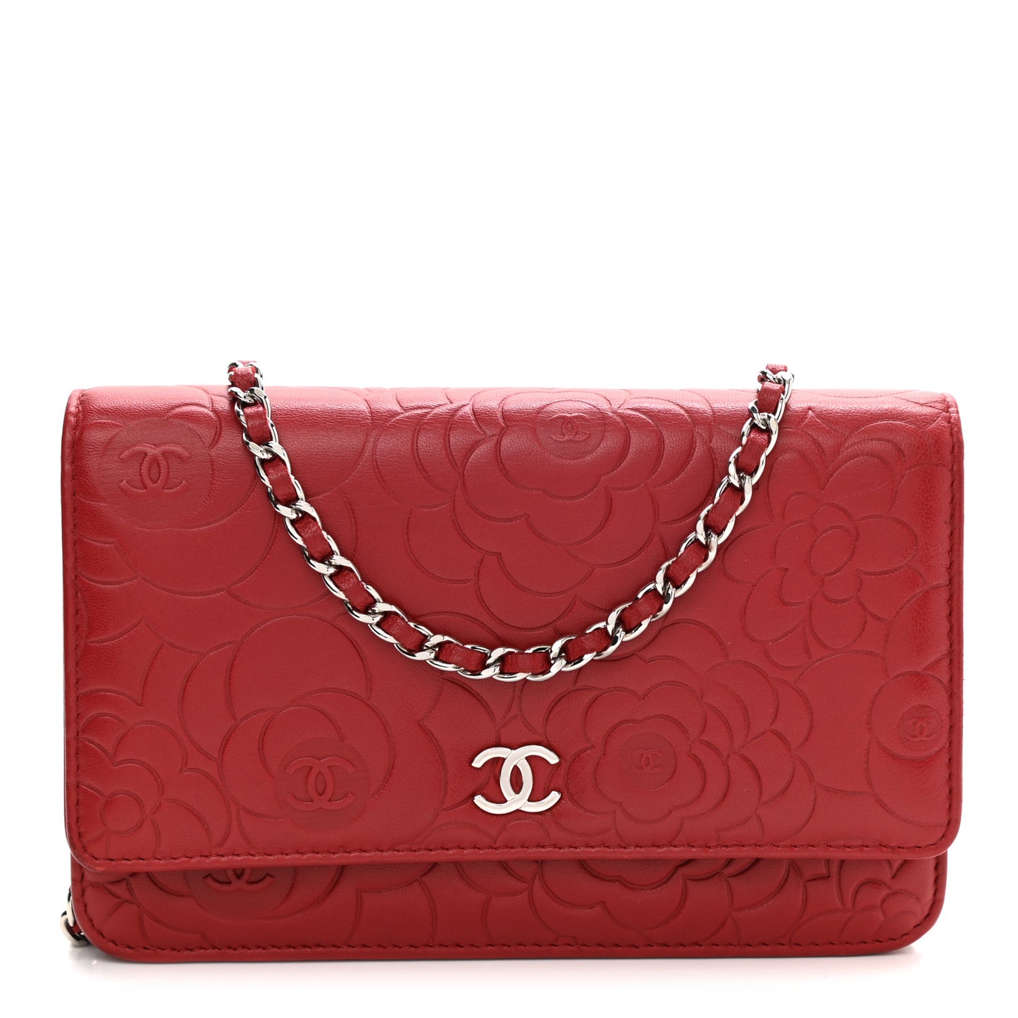 Lambskin Camellia Embossed Wallet On Chain WOC Red