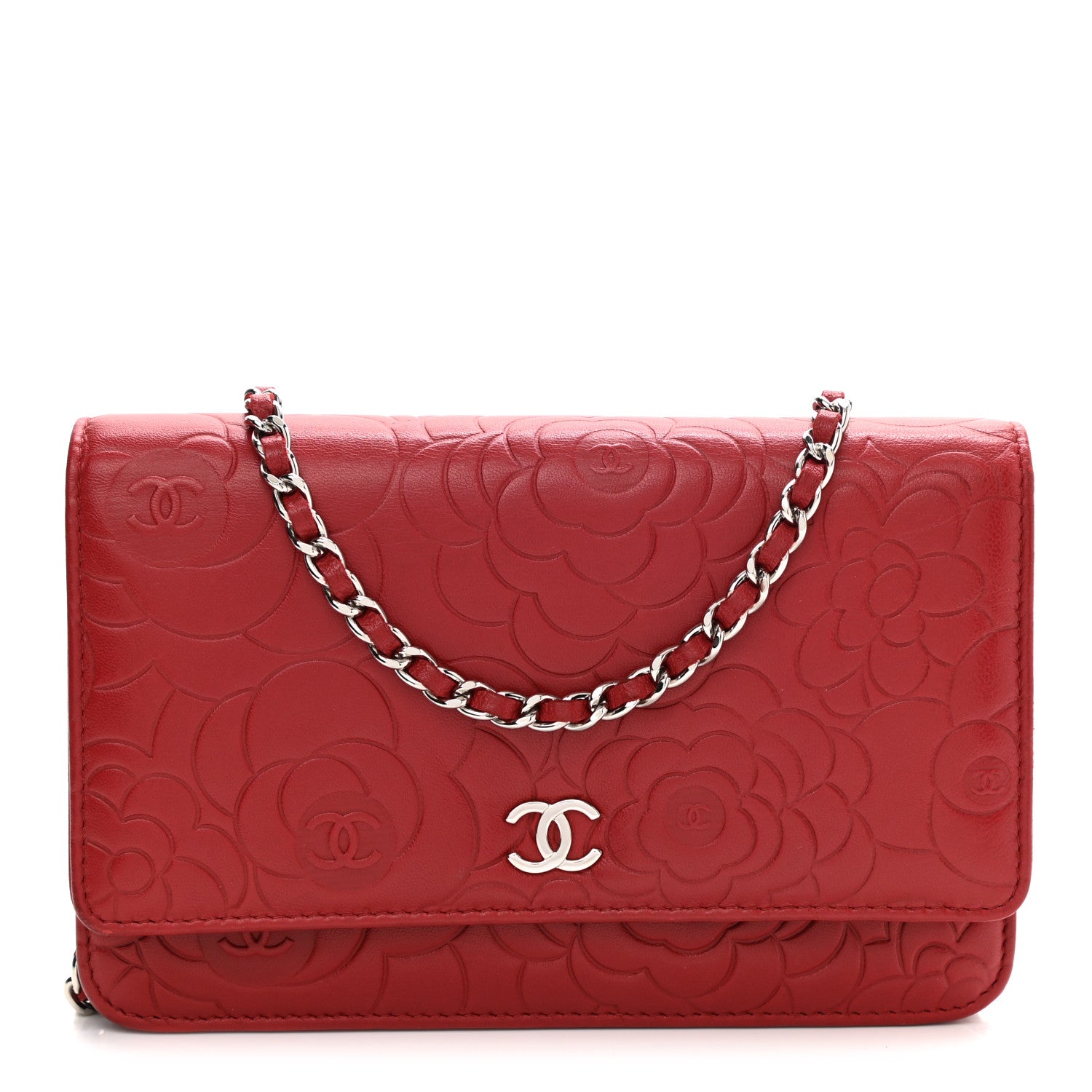 Chanel Lambskin Camellia Embossed Wallet On Chain WOC Red 1 of 12