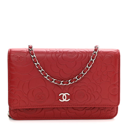 Chanel Lambskin Camellia Embossed Wallet On Chain WOC Red 1 of 12