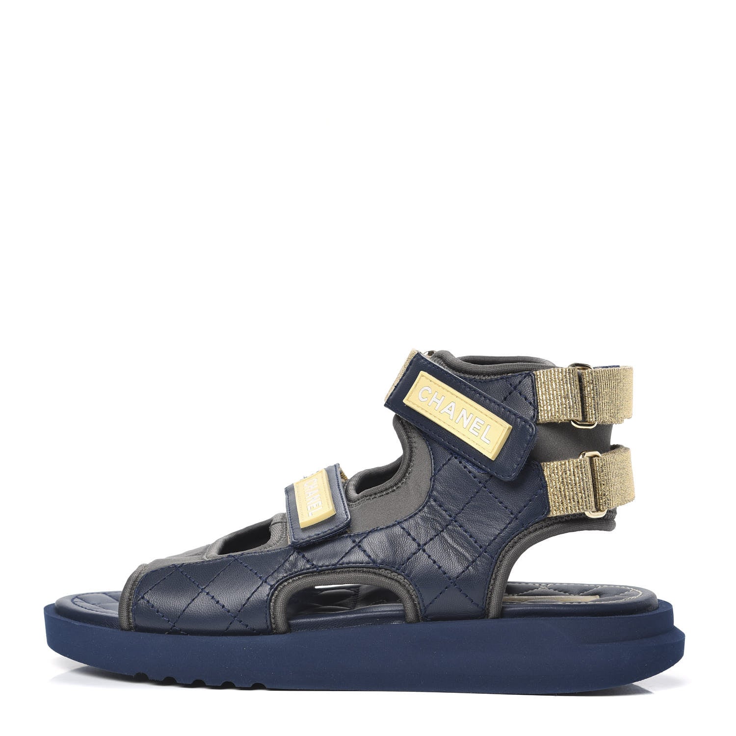 Chanel Goatskin Fabric Gladiator Sandals 38 Navy Blue Light Grey Yellow 1 of 8