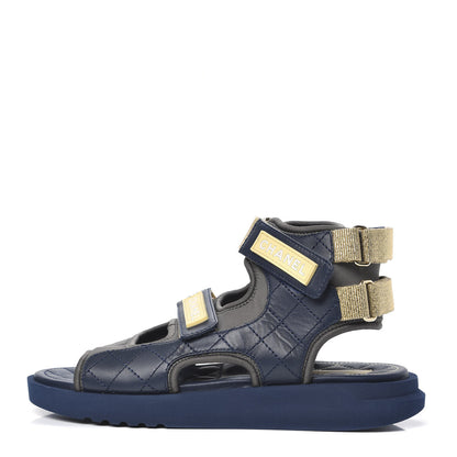 Chanel Goatskin Fabric Gladiator Sandals 38 Navy Blue Light Grey Yellow 1 of 8