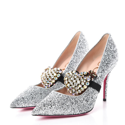 Gucci Nappa Silk Crystal Removable Heart Pumps 40 Argento 3 of 8