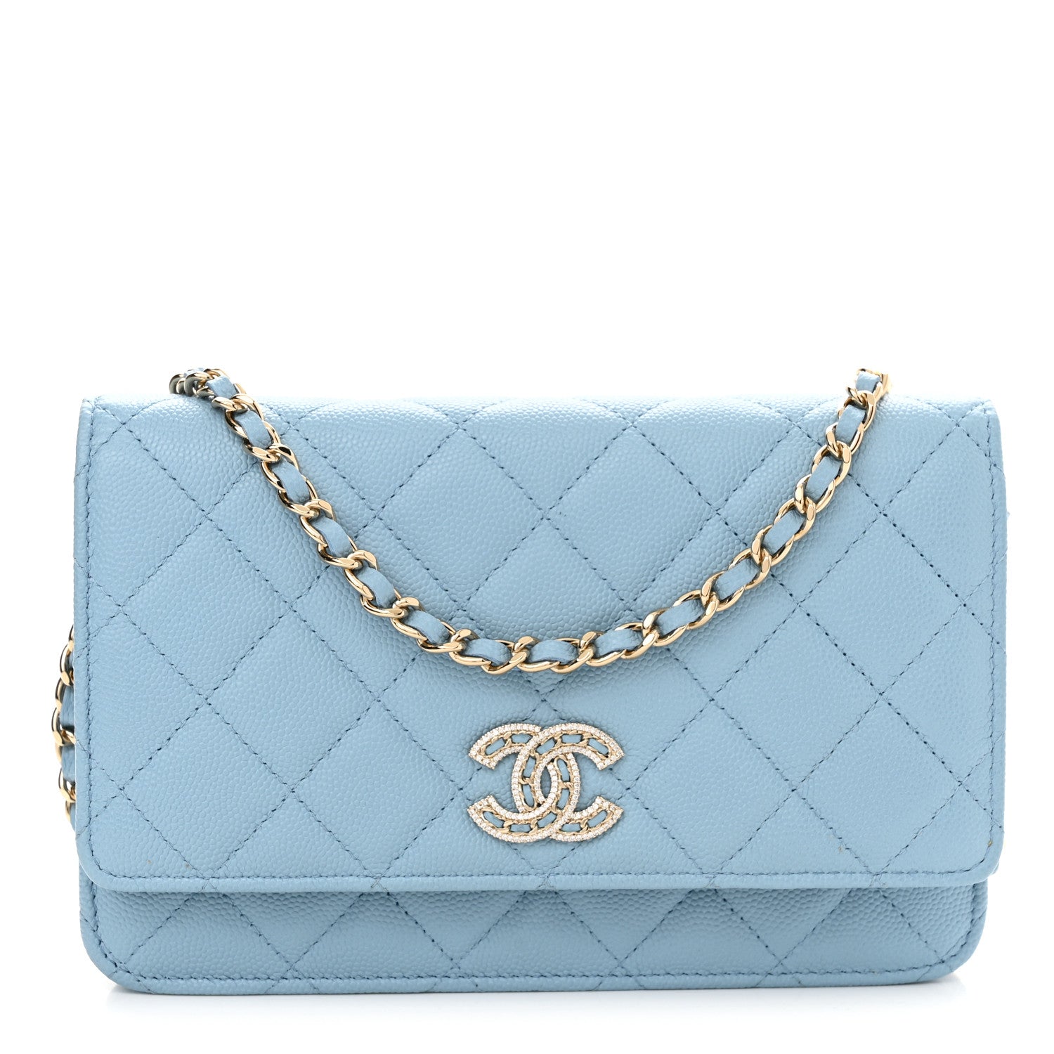 Chanel Caviar Quilted Crystal CC Wallet On Chain WOC Light Blue 1 of 13