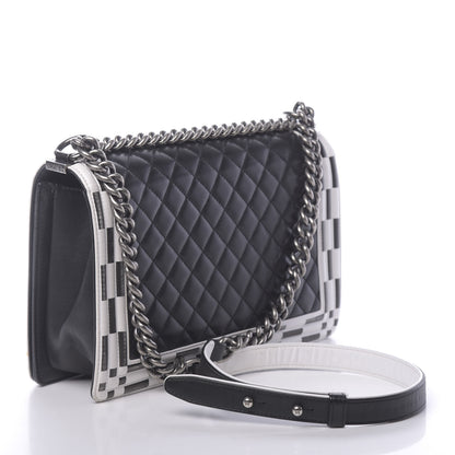 Chanel Calfskin Quilted Checkerboard Trim New Medium Boy Flap Black White 3 of 12