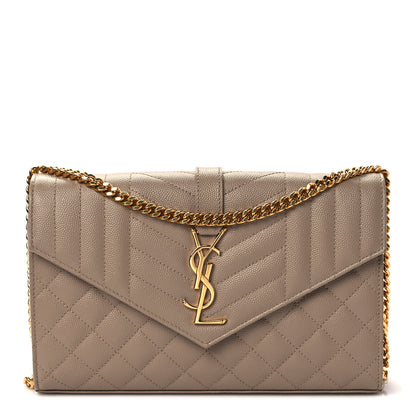 Saint Laurent Grain De Poudre Mixed Matelasse Triquilt Monogram Chain Wallet Dark Beige 1 of 8