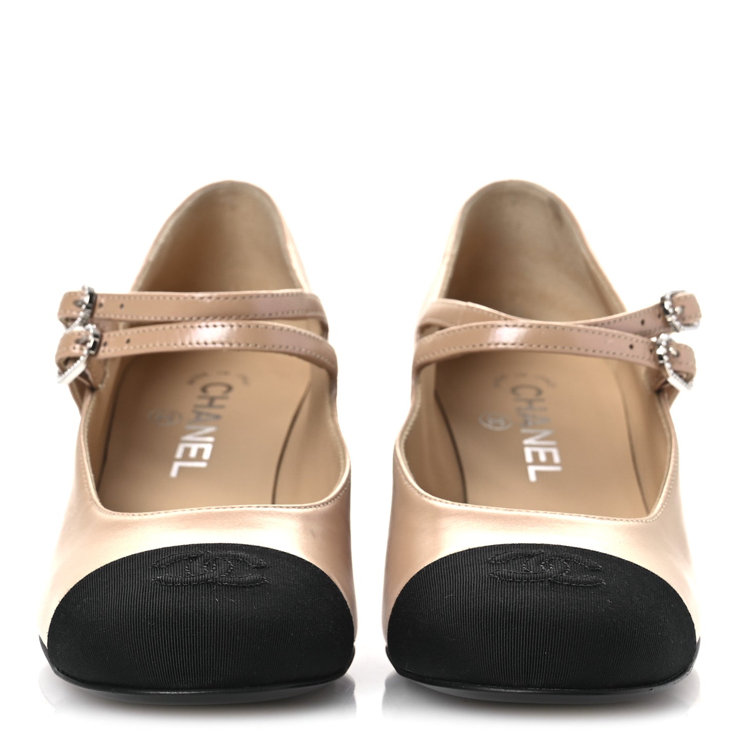 Iridescent Lambskin Grosgrain Pearl Mary Jane Pumps 38 Beige Black