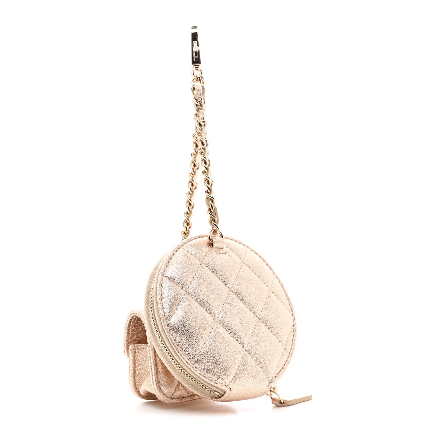 Metallic Lambskin Quilted Round Clip On Coin Purse Airpods Case Gold