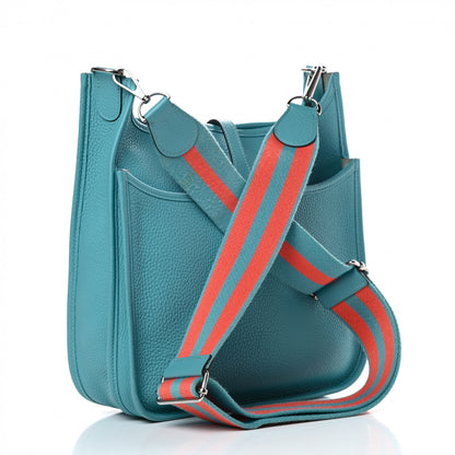 Hermes Taurillon Clemence Amazone Evelyne III PM Bleu Saint Cyr Orange Poppy 3 of 11