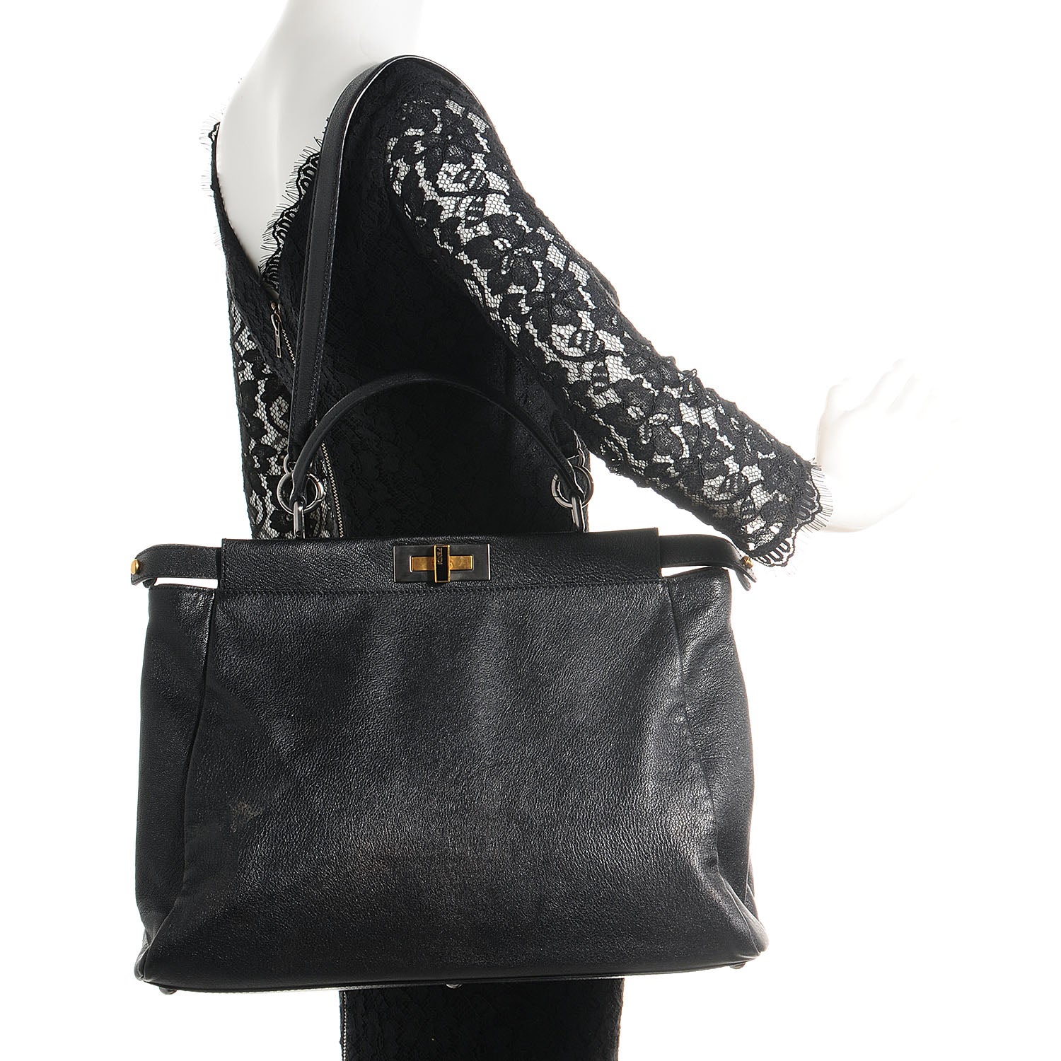 Fendi Goatskin Zucca Large Peekaboo Iconic Satchel Black Tobacco 2 of 12