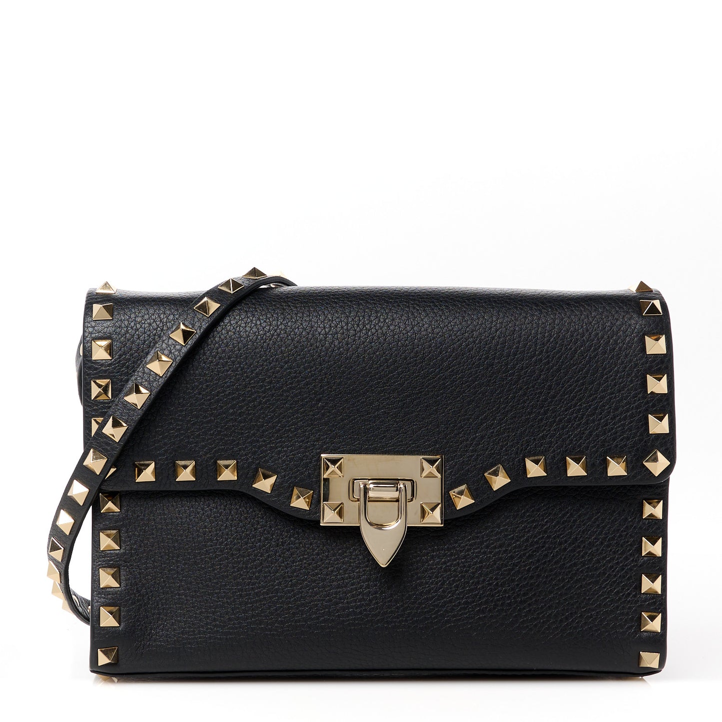 Pebbled Calfskin Medium Rockstud Flip Lock Crossbody Bag Black