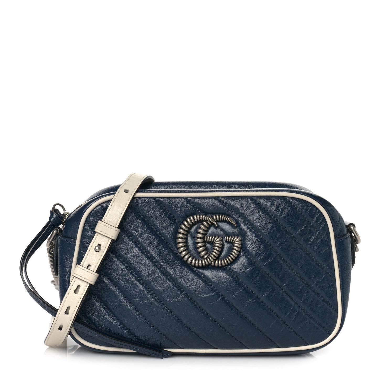 Vintage Effect Calfskin Matelasse Diagonal Small Torchon GG Marmont Chain Shoulder Bag Blue Agata Mystic White