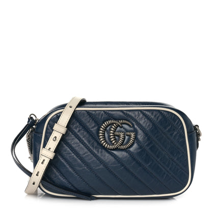 Gucci Vintage Effect Calfskin Matelasse Diagonal Small Torchon GG Marmont Chain Shoulder Bag Blue Agata Mystic White 1 of 9