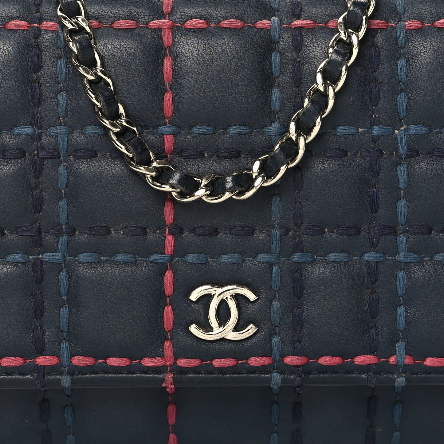 Calfskin Square Stitched Wallet On Chain WOC Blue