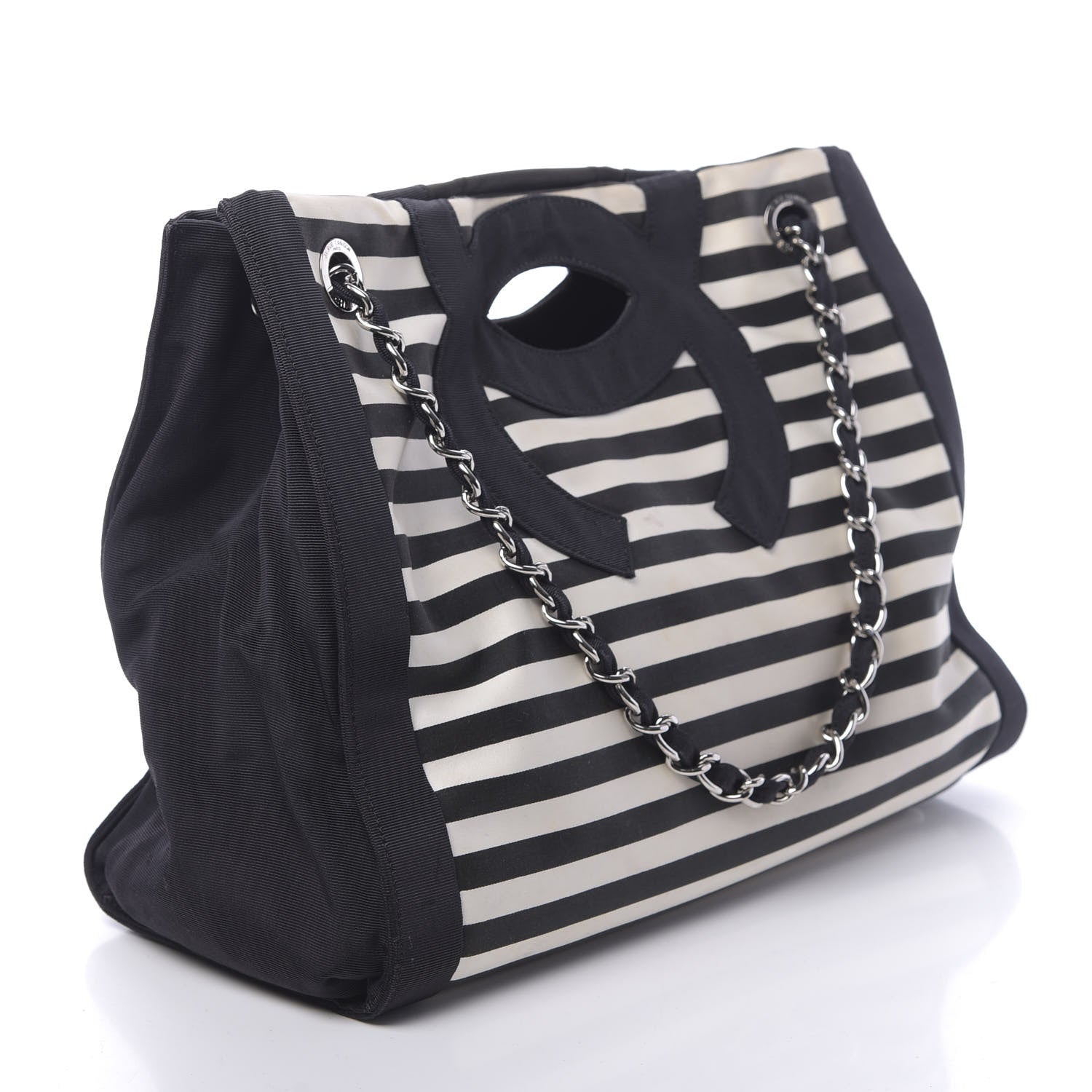 Chanel Striped Canvas CC Shopping Tote Black White 2 of 10