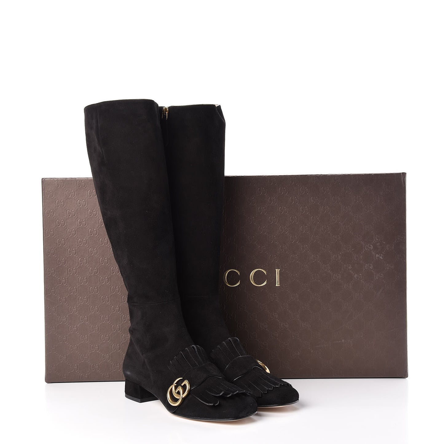 Kid Scamosciato GG Marmont Fringe Knee High Boots 37.5 Black