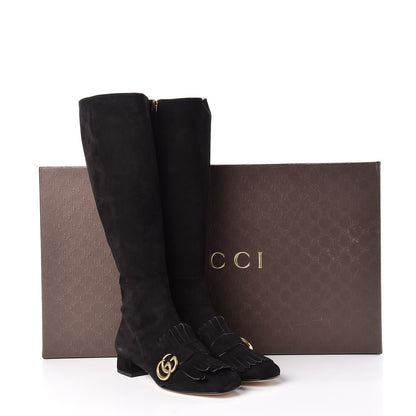 Gucci Kid Scamosciato GG Marmont Fringe Knee High Boots 37.5 Black 11 of 11