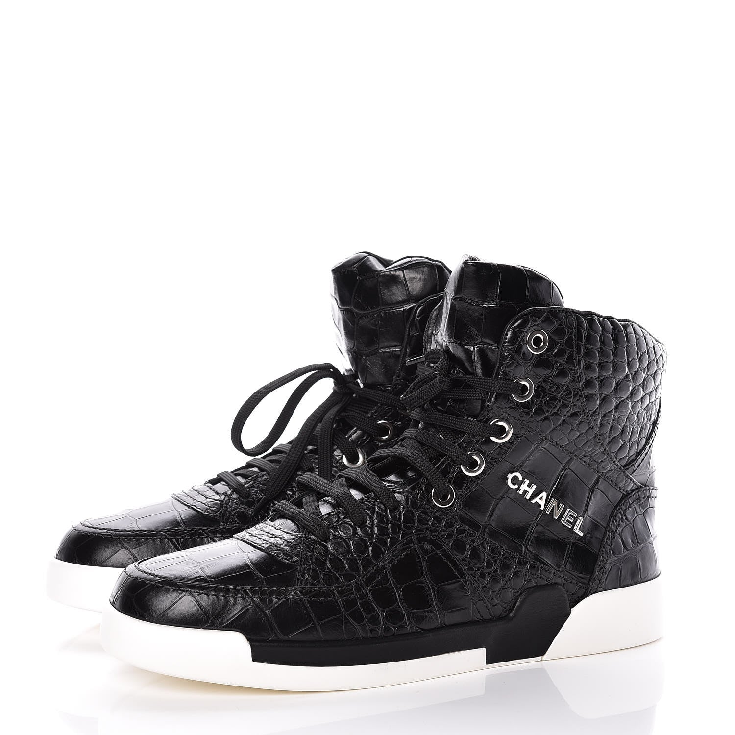 Chanel Calfskin Crocodile Embossed Mens Cocodile High Top Sneakers 43 Black 3 of 8
