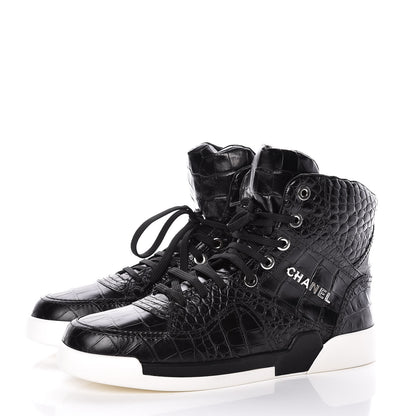 Chanel Calfskin Crocodile Embossed Mens Cocodile High Top Sneakers 43 Black 3 of 8
