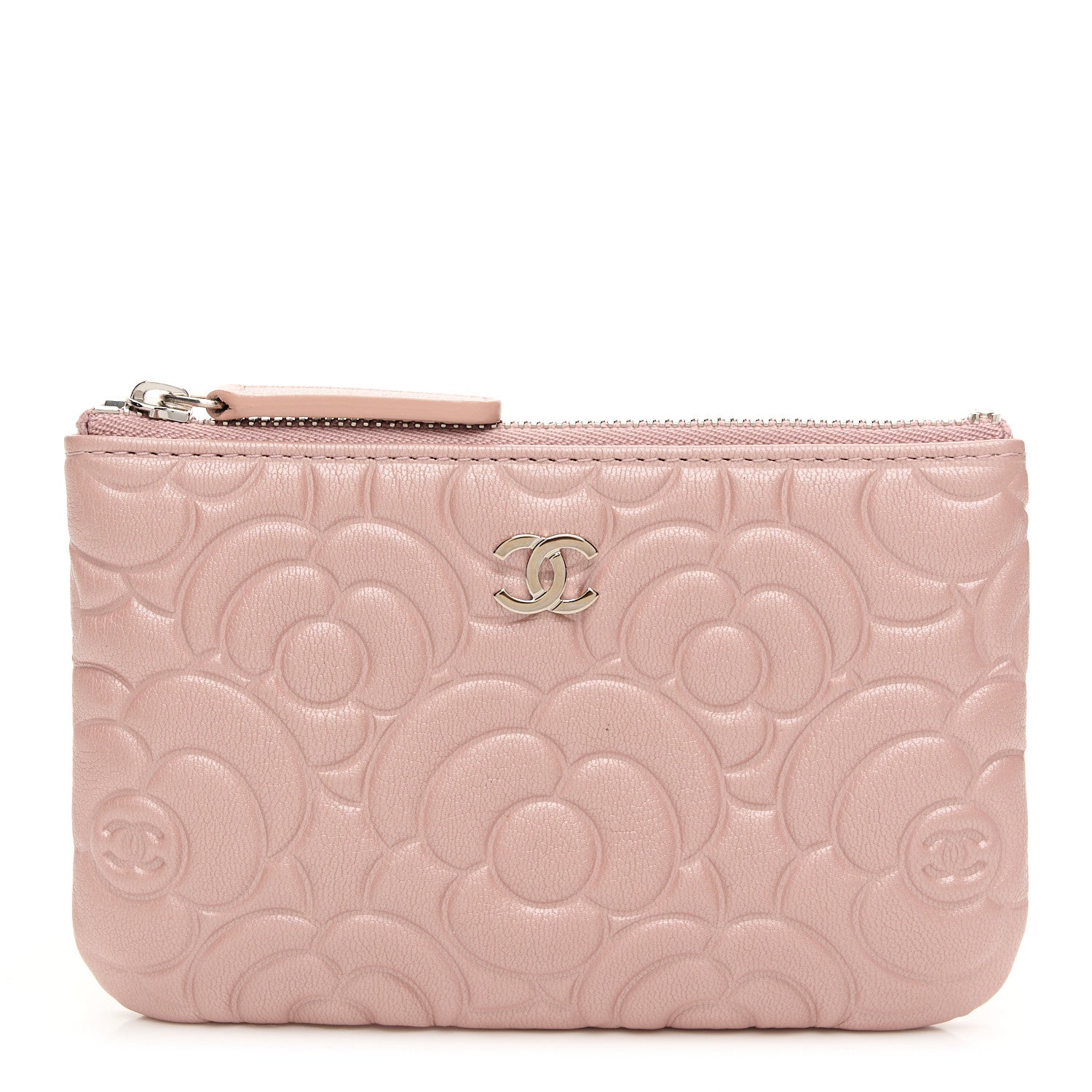 Goatskin Camellia Embossed Cosmetic Pouch Light Pink