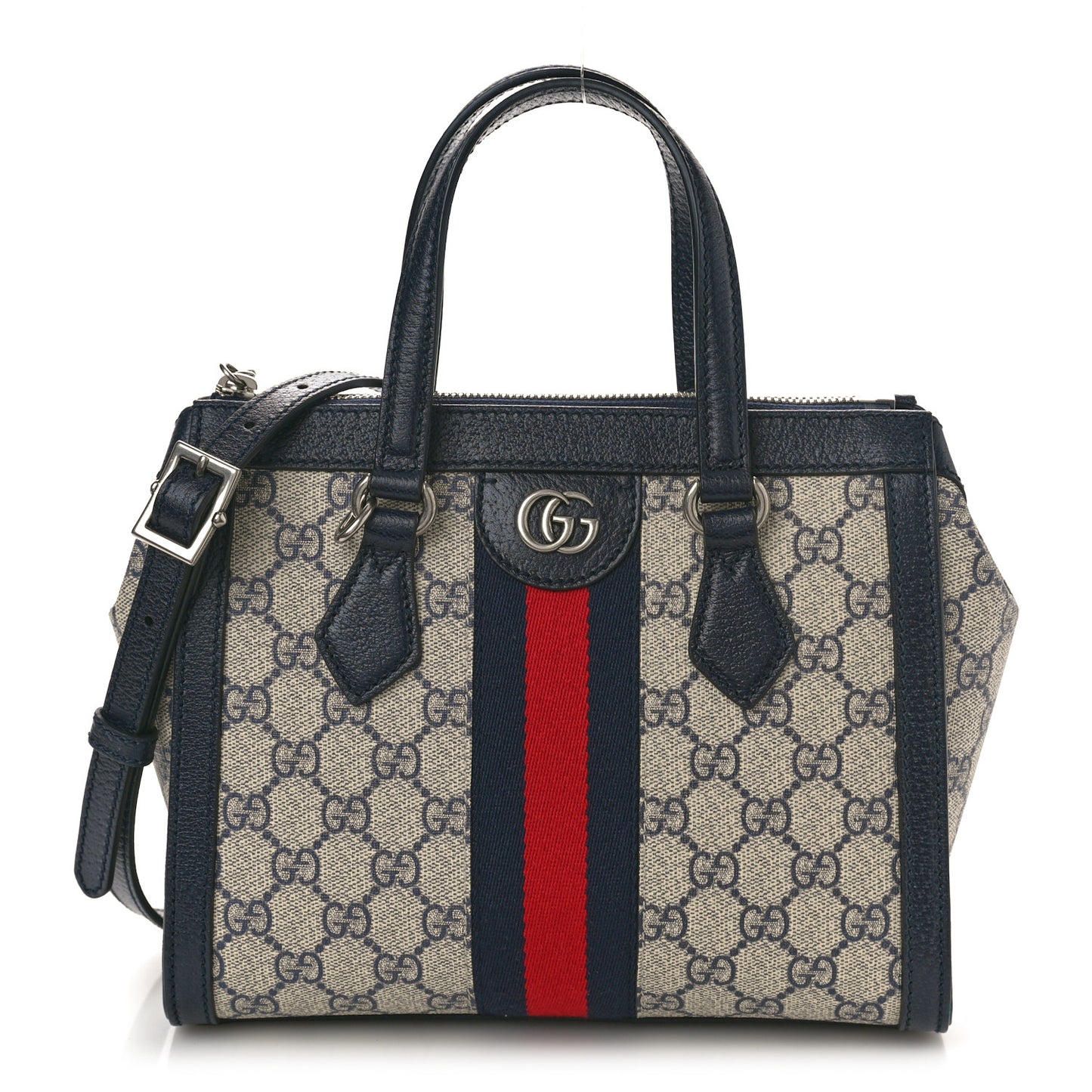 GG Supreme Monogram Textured Dollar Calfskin Web Small Ophidia Tote Bag Beige Blue