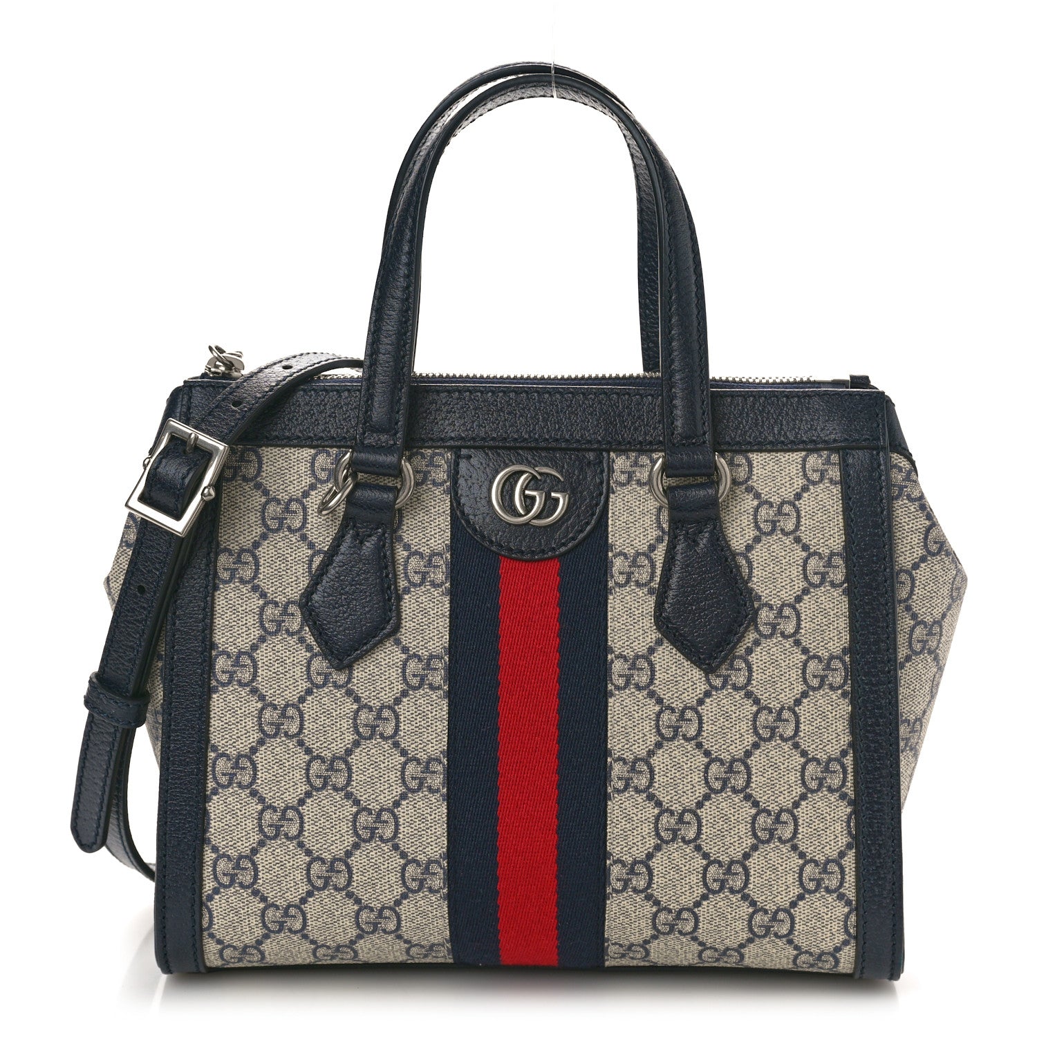 Gucci GG Supreme Monogram Textured Dollar Calfskin Web Small Ophidia Tote Bag Beige Blue 1 of 10