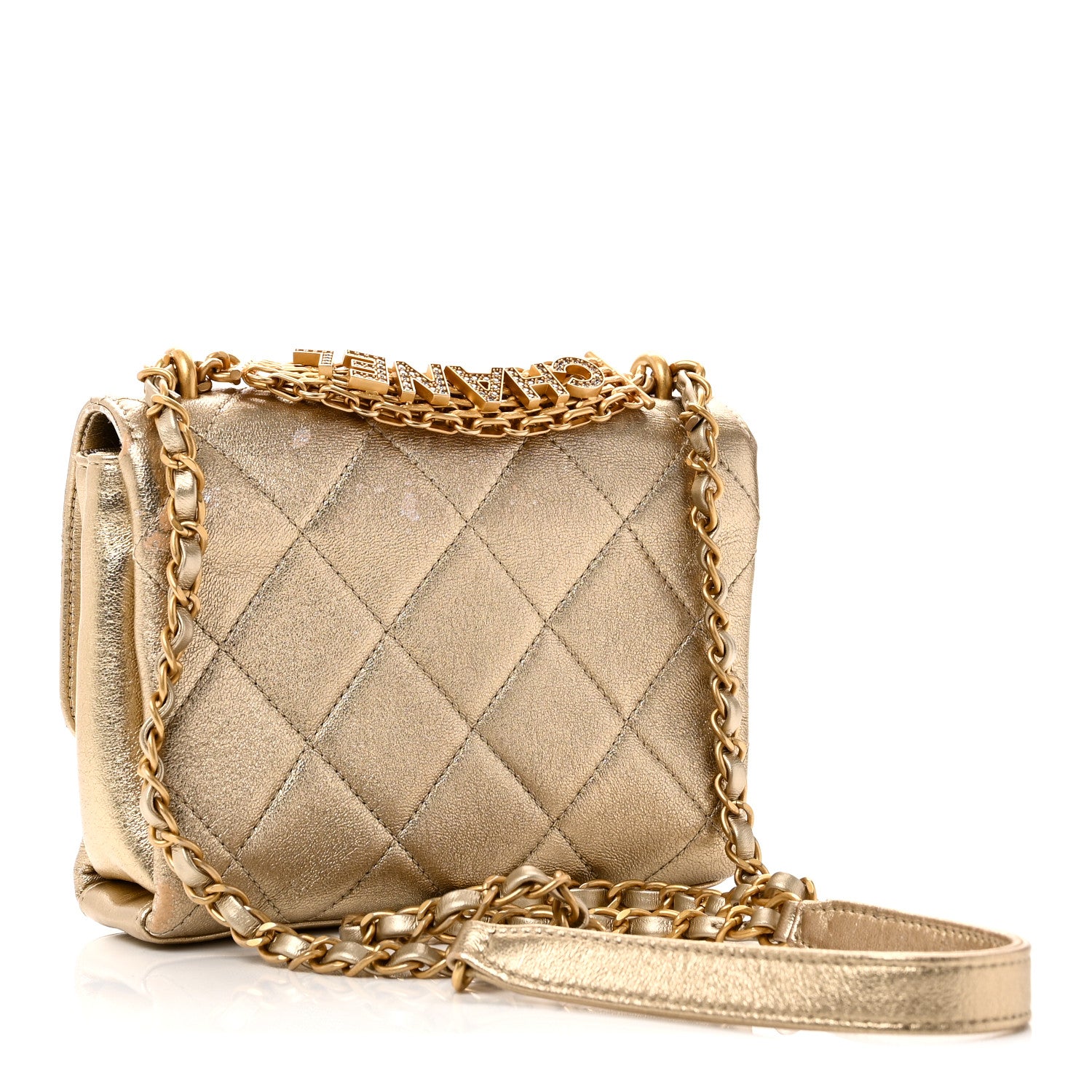 Chanel Metallic Lambskin Quilted Mini CC Crystal Logo Chain Flap