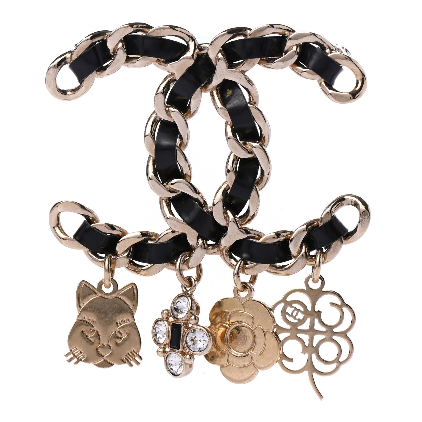 Lambskin Crystal Chain CC Charms Brooch Black Gold