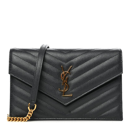 Saint Laurent Grain De Poudre Matelasse Chevron Monogram Envelope Chain Wallet Dark Smog 1 of 11