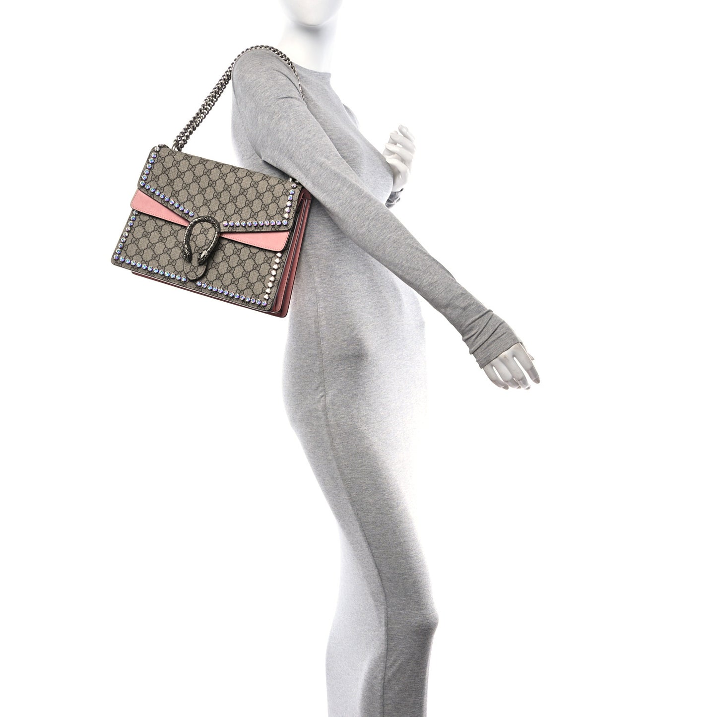 GG Supreme Monogram Suede Crystal Medium Dionysus Shoulder Bag Beige Ebony Light Peonia