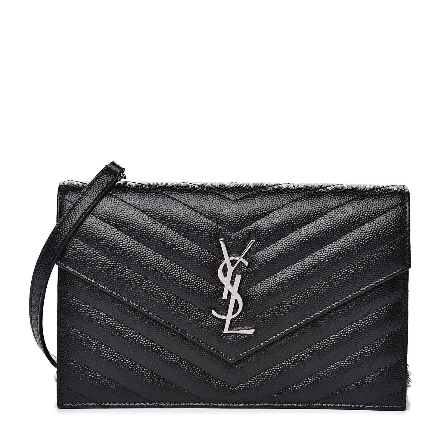 Grain De Poudre Matelasse Chevron Monogram Envelope Chain Wallet Black