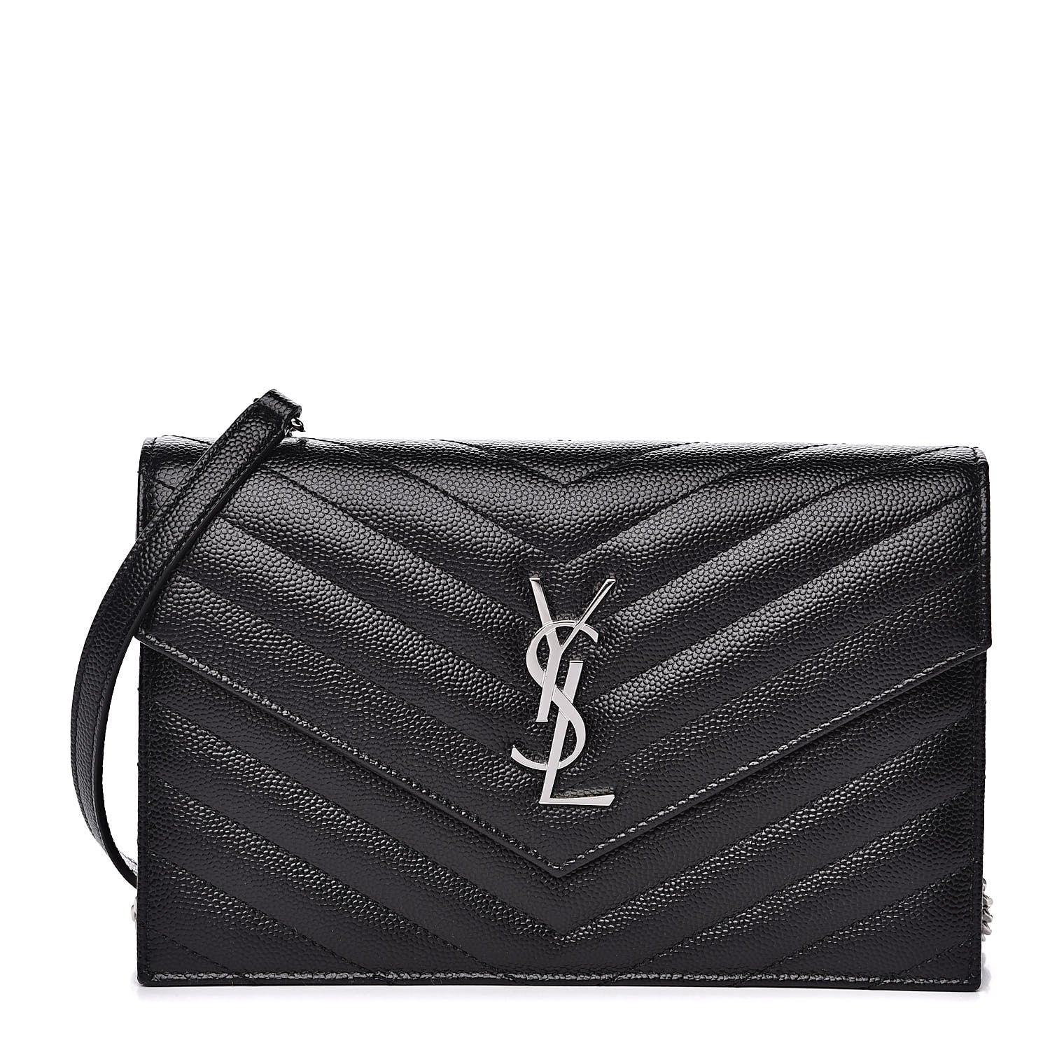 Saint Laurent Grain De Poudre Matelasse Chevron Monogram Envelope Chain Wallet Black 1 of 9
