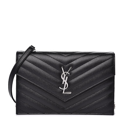 Saint Laurent Grain De Poudre Matelasse Chevron Monogram Envelope Chain Wallet Black 1 of 9