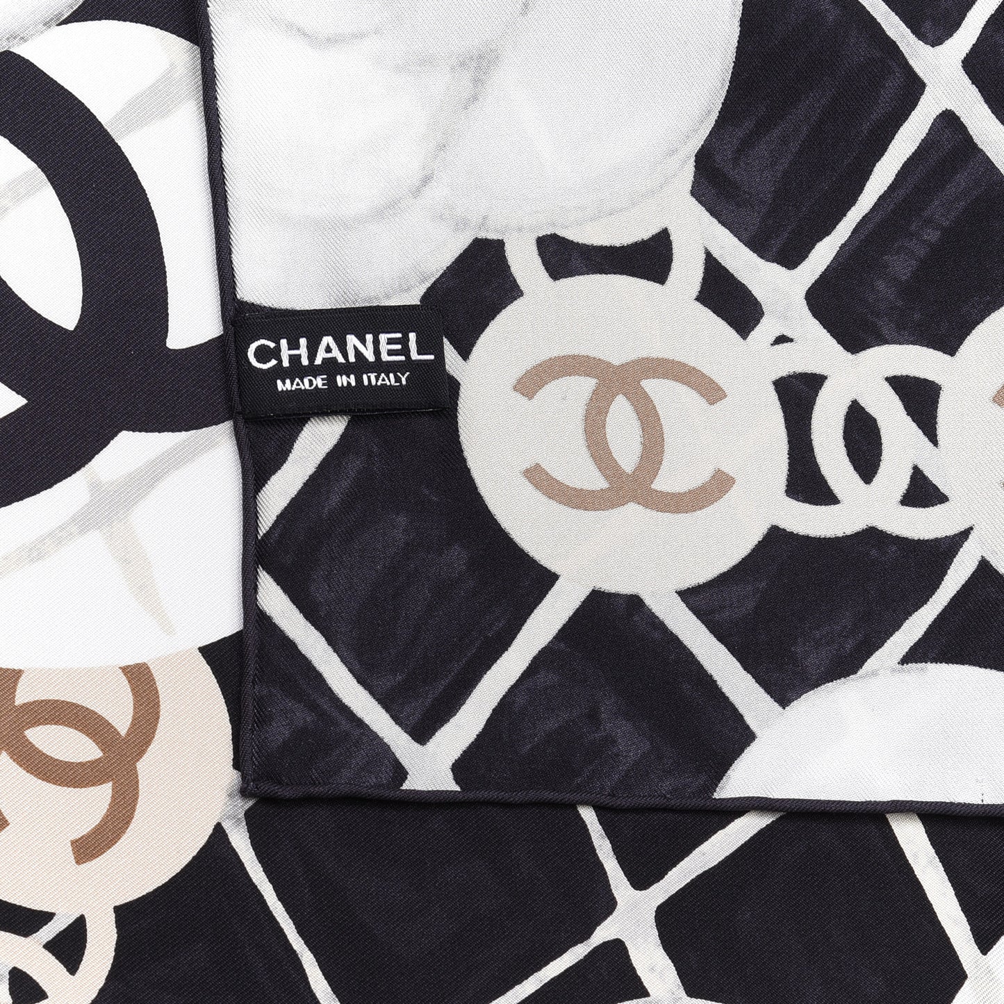 Silk CC Logo Camellia Scarf White Black