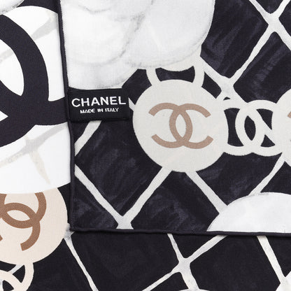 Chanel Silk CC Logo Camellia Scarf White Black 3 of 3