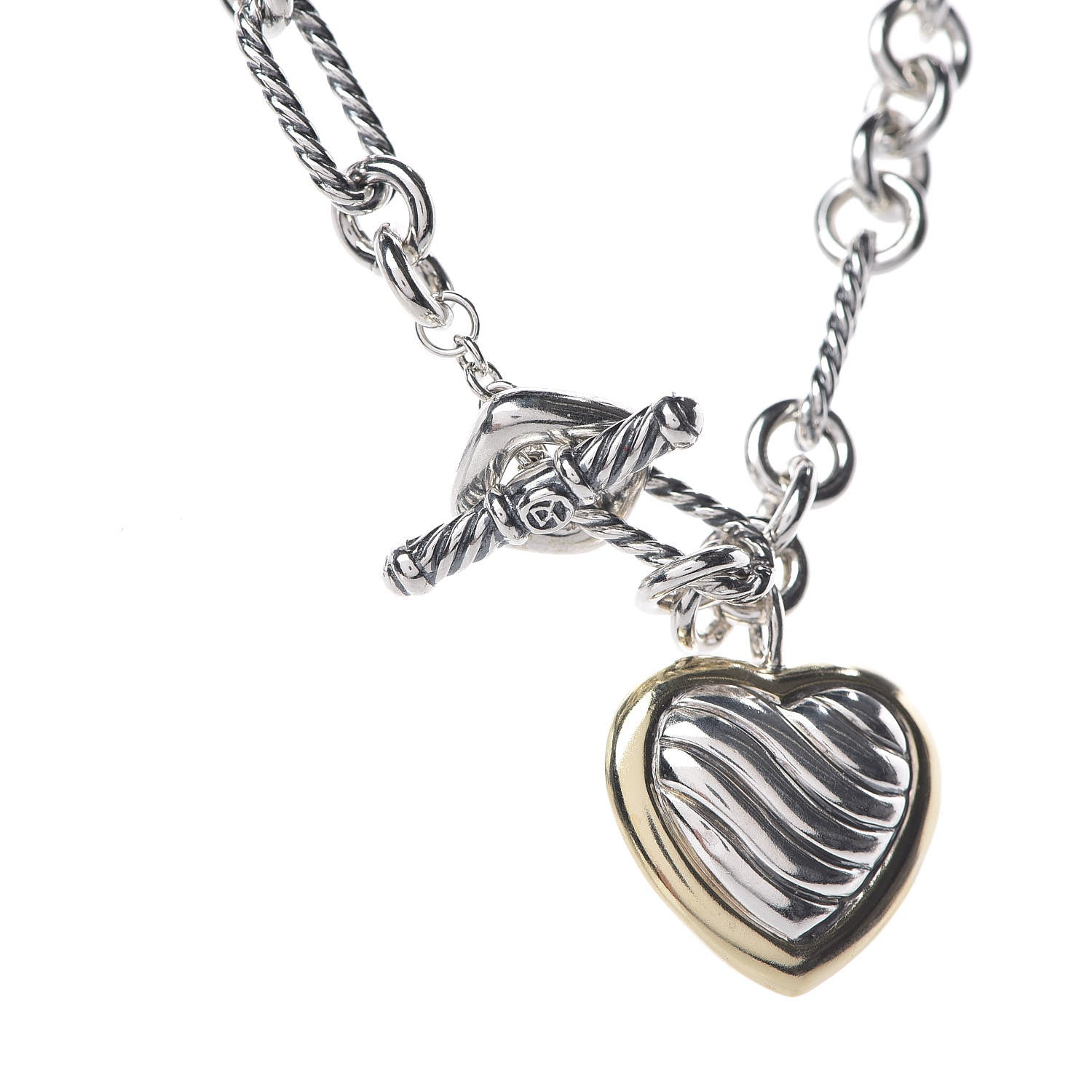 David Yurman Sterling Silver 18K Yellow Gold Cable Heart Figaro Necklace 6 of 7
