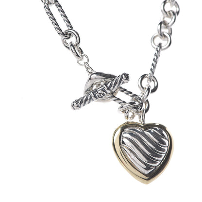 David Yurman Sterling Silver 18K Yellow Gold Cable Heart Figaro Necklace 6 of 7