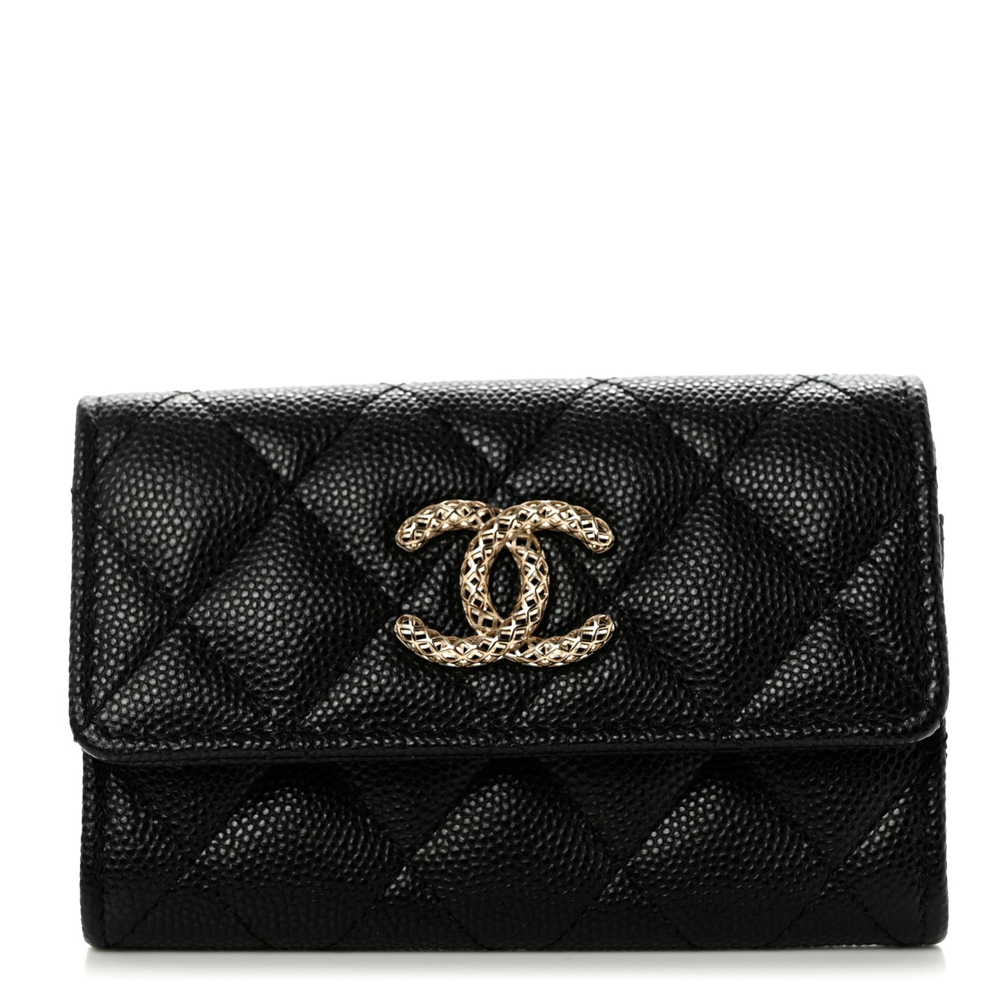 Caviar Metal Perforated Quilted CC Flap Card Holder Black