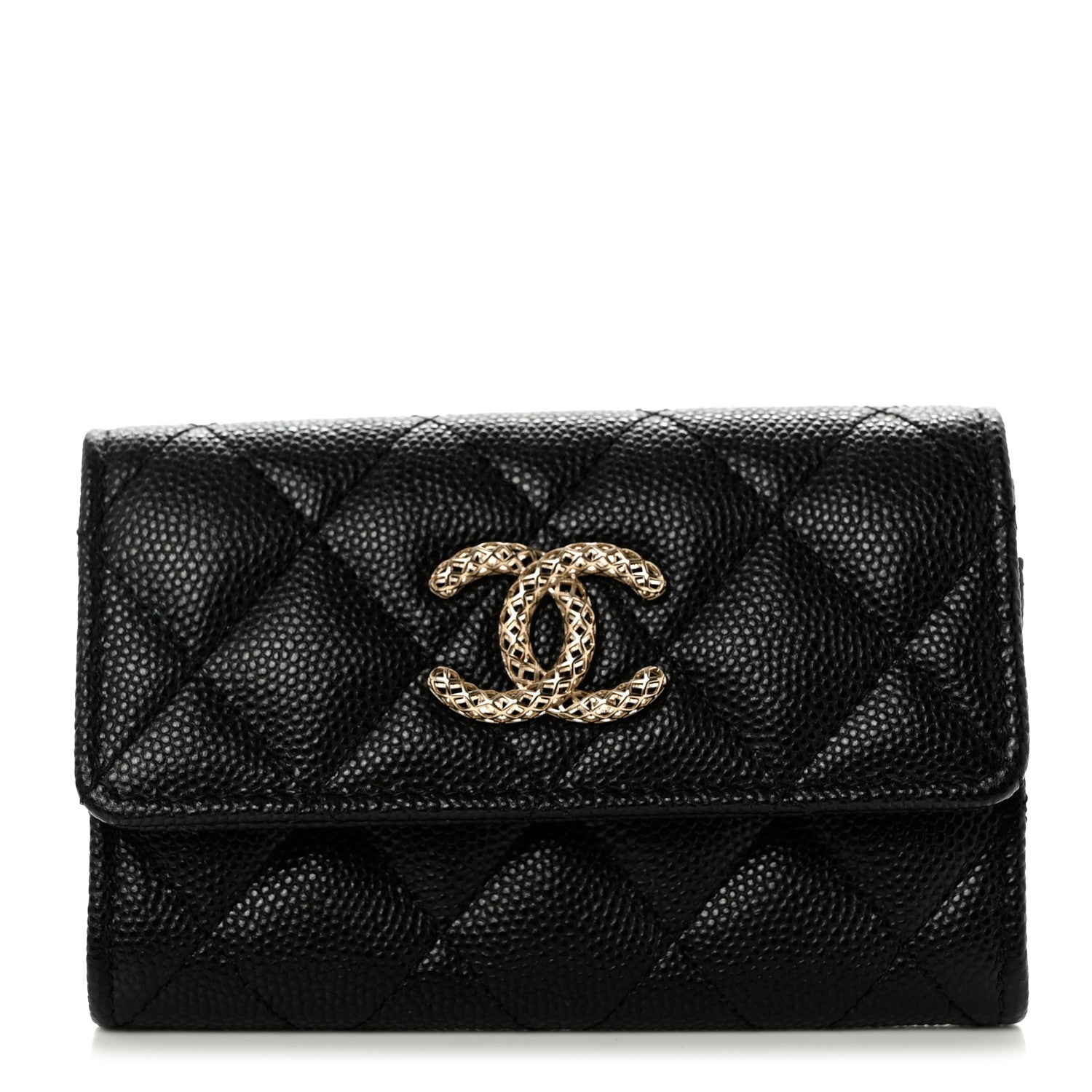 Chanel Caviar Metal Perforated Quilted CC Flap Card Holder Black 1 of 9