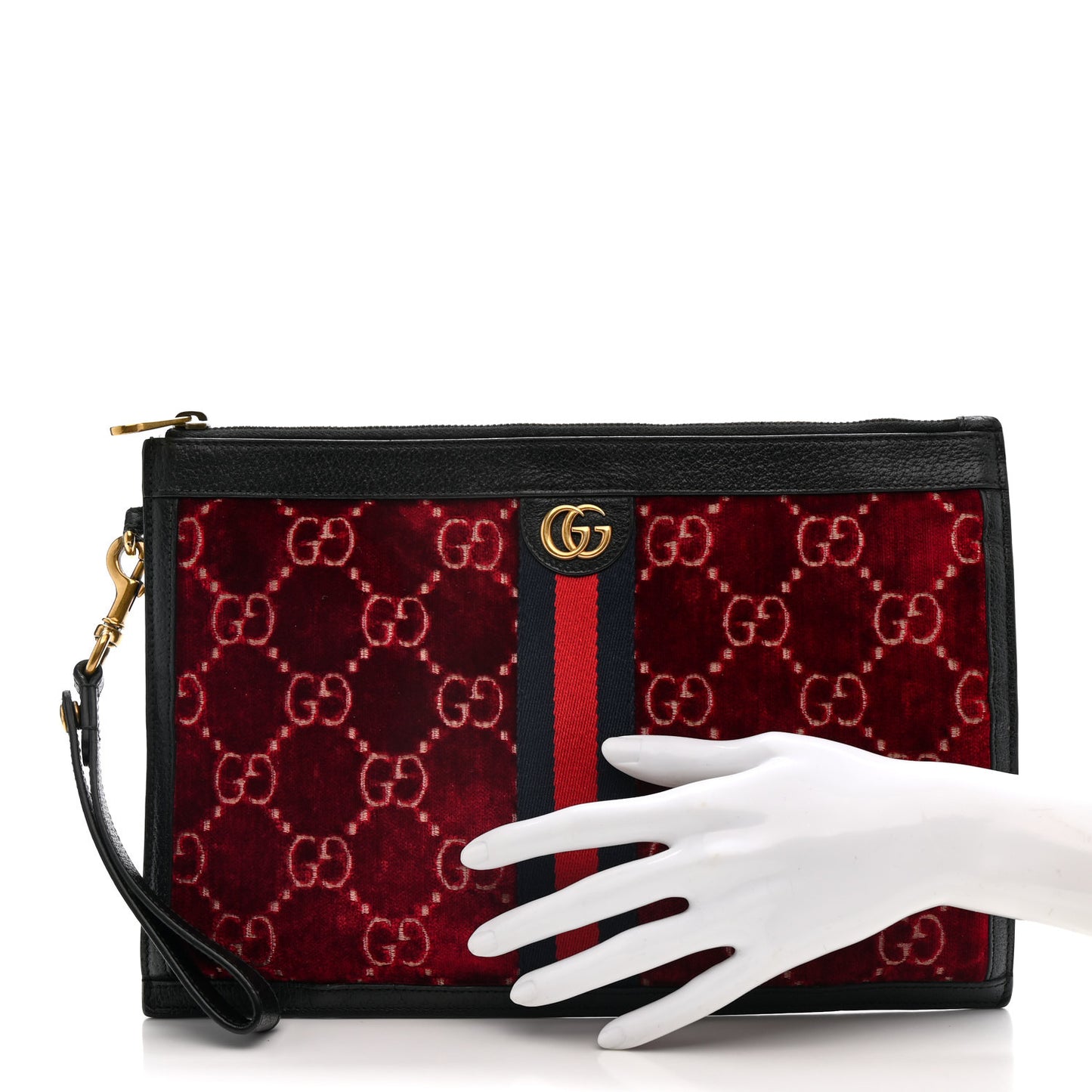 Velvet GG Monogram Textured Calfskin Web Ophidia Wristlet Red Cipria Black