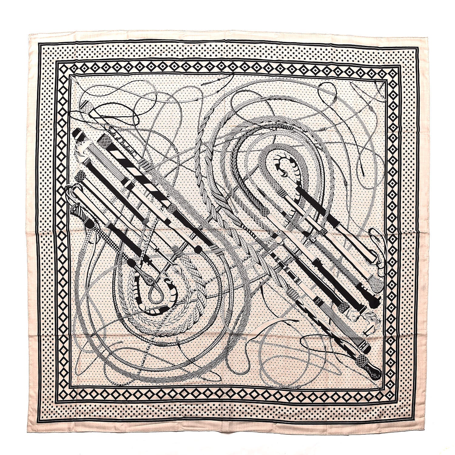 Hermes Silk Cashmere Fouets Et Badines Bandana Shawl 140 Naturel Black 1 of 5