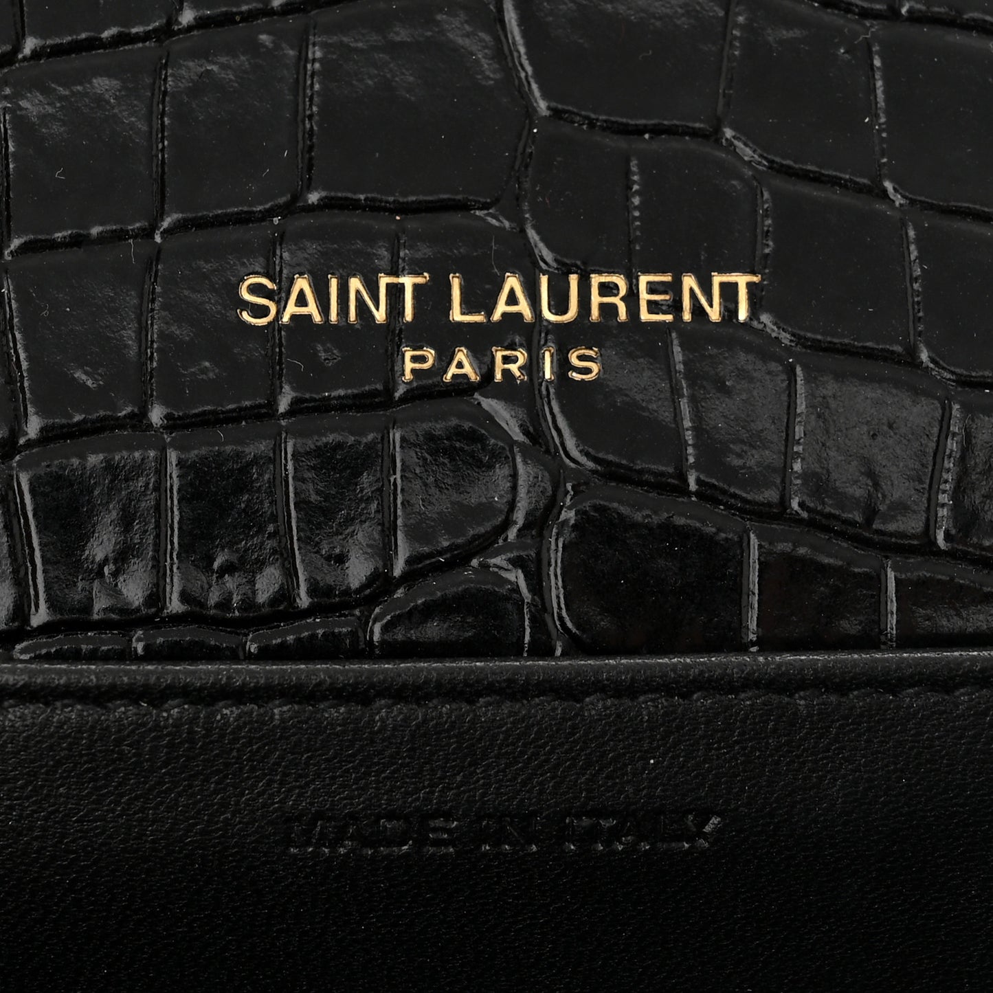 Calfskin Crocodile Embossed Monogram Cassandra Chain Wallet Black