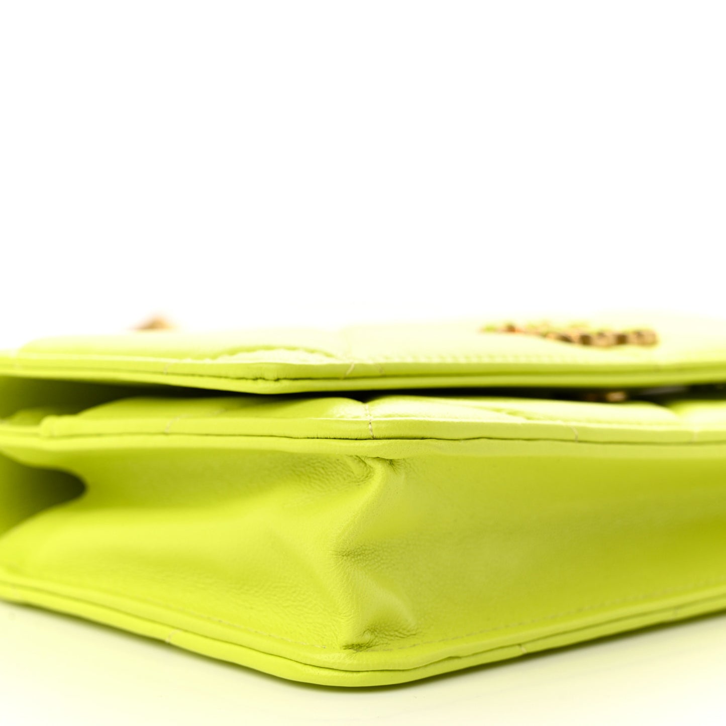 Shiny Lambskin Quilted Chanel 19 Wallet On Chain WOC Neon Yellow