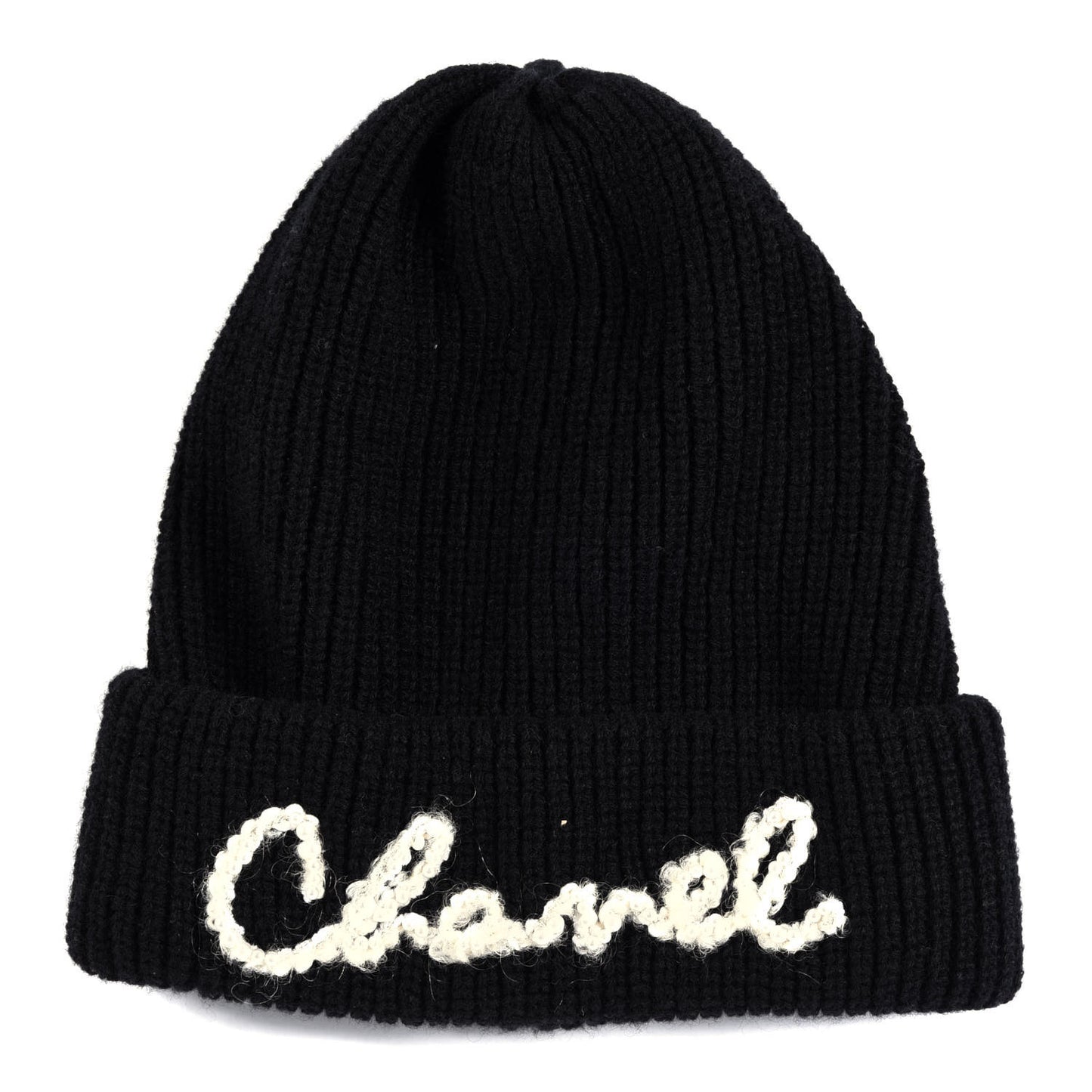Cashmere Embroidered Beanie Hat Black White